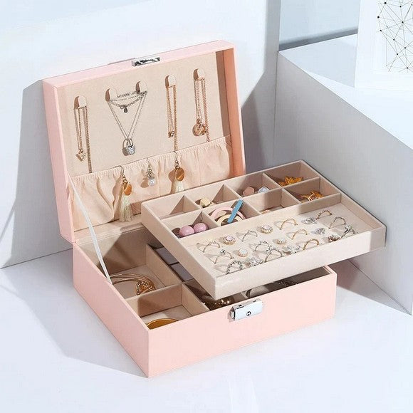 Premium Leather Jewelry Box Double Layer Storage